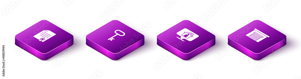 Set Isometric House contract, key, Location with house and Garage icon. Vector. Set Isometric House contract, key, Location with house and Garage icon. Vector.