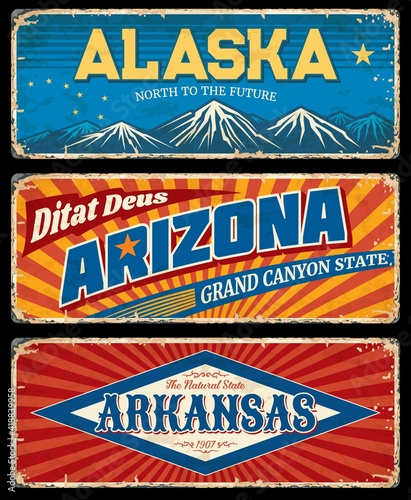 Alaska, Arizona and Arkansas states retro metal plates. USA states old road sings, rusty signboard or worn signposts. Snowy mountain peaks, inscription vintage typography and rust texture frame vector