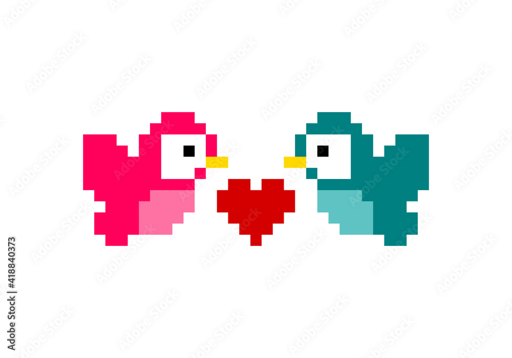 A pixelated pair of birds in love. Draw a pattern of two birds for crochet. Pixel art vector illustration.