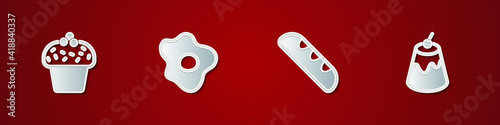 Set Cake, Scrambled eggs, French baguette bread and Pudding custard icon. Vector.