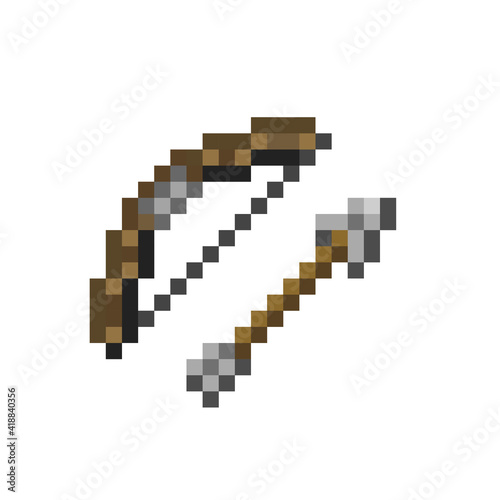 Bow and arrow pixels for gaming equipment. Pixel art vector illustration.