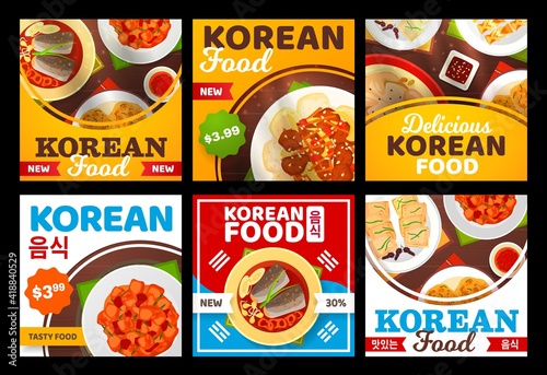 Korean cuisine food menu, Asian restaurant dishes of soup, kimchi with rice and ramen bowls. Korea food meals hot pot noodles, bibimbap with sauce, traditional lunch and dinner chicken, beef and tofu