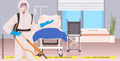 professional cleaner in hazmat suit janitor cleaning and disinfecting coronavirus cells hospital ward interior horizontal portrait vector illustration
