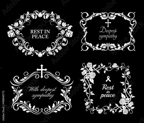 Funeral vector frames, isolated wreaths of floral design with blossoms and leaves. Mourning white flowers, flourishes, ribbon condolence typography. Obituary mournful funereal monochrome borders set