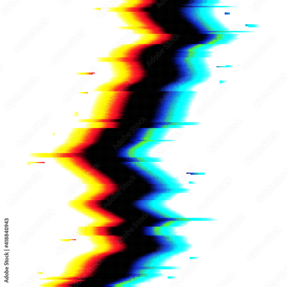 Digital glitch effect on computer or TV screen background. Black gap, crack  or cleft with color sides on white screen vector. Video signal loss,  hardware fail or program functions freeze concept Векторный