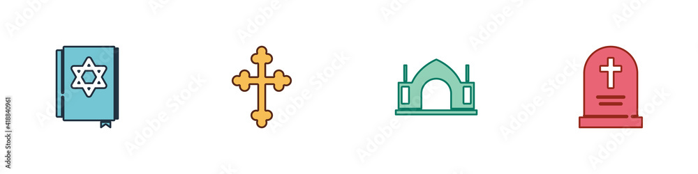 Set Jewish torah book, Christian cross, Hindu spiritual temple and Tombstone with icon. Vector. Set Jewish torah book, Christian cross, Hindu spiritual temple and Tombstone with icon. Vector.