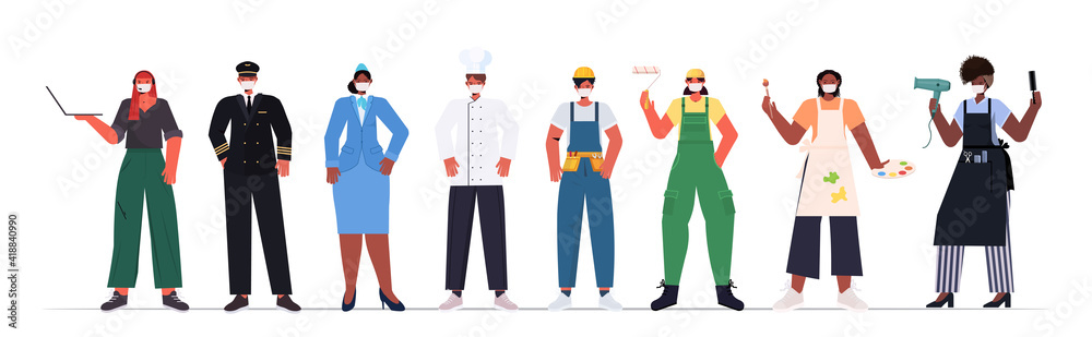 set mix race people of different occupations wearing masks to prevent coronavirus pandemic labor day celebration concept full length horizontal vector illustration