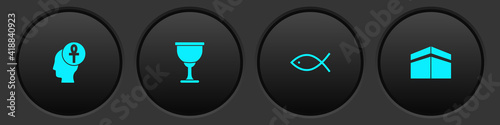 Set Cross ankh, Holy grail or chalice, Christian fish and Kaaba mosque icon. Vector.
