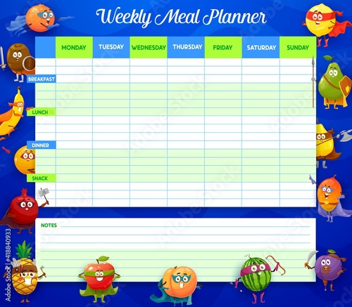 Weekly meal planner, vector timetable with cartoon superhero fruits characters. Week food plan organizer, calendar menu with space for notes. Diary template for personal dieting with funny fruits