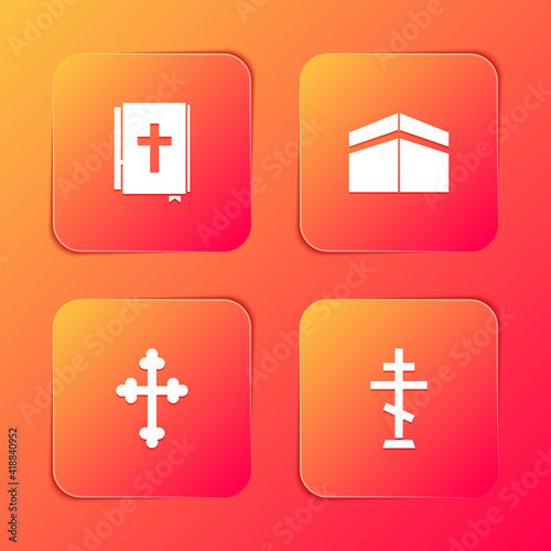 Set Holy bible book, Kaaba mosque, Christian cross and icon. Vector.
