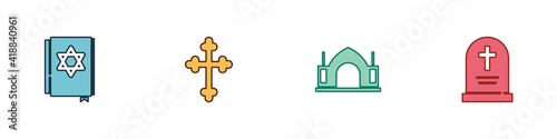 Set Jewish torah book, Christian cross, Hindu spiritual temple and Tombstone with icon. Vector.