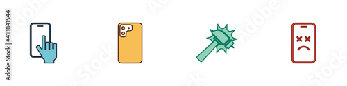 Set Phone repair service, Smartphone, Hammer and Dead mobile icon. Vector.