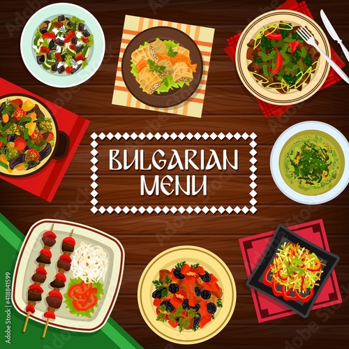 Bulgarian cuisine vector vegetable kebapche, cabbage soup and stuffed leaves sarmi. Grilled meat and lamb casserole guvech, bryndza salad shopska and pork with green beans and liver Bulgaria meals