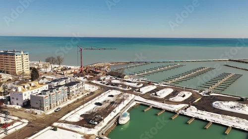 Aerial view of town of Port Washington, Wisconsin. Daytime, sunny sky, winter photo