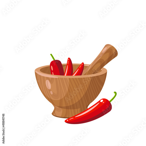 Pounding red chili peppers in wooden mortar. Vector illustration cartoon flat icon isolated on white background.