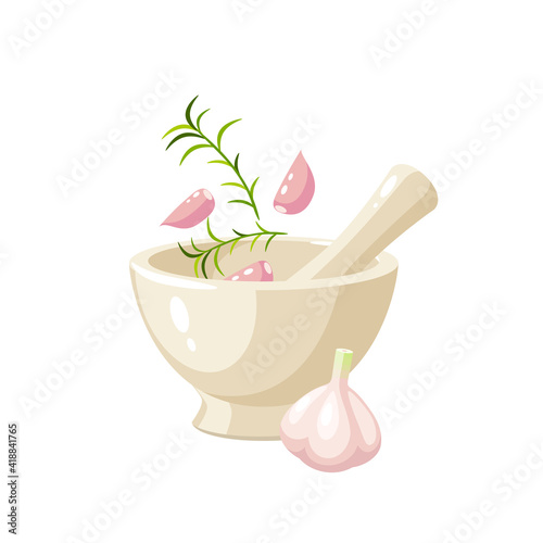 Pounding garlic and rosemary in porcelain mortar. Vector illustration cartoon flat icon isolated on white background.