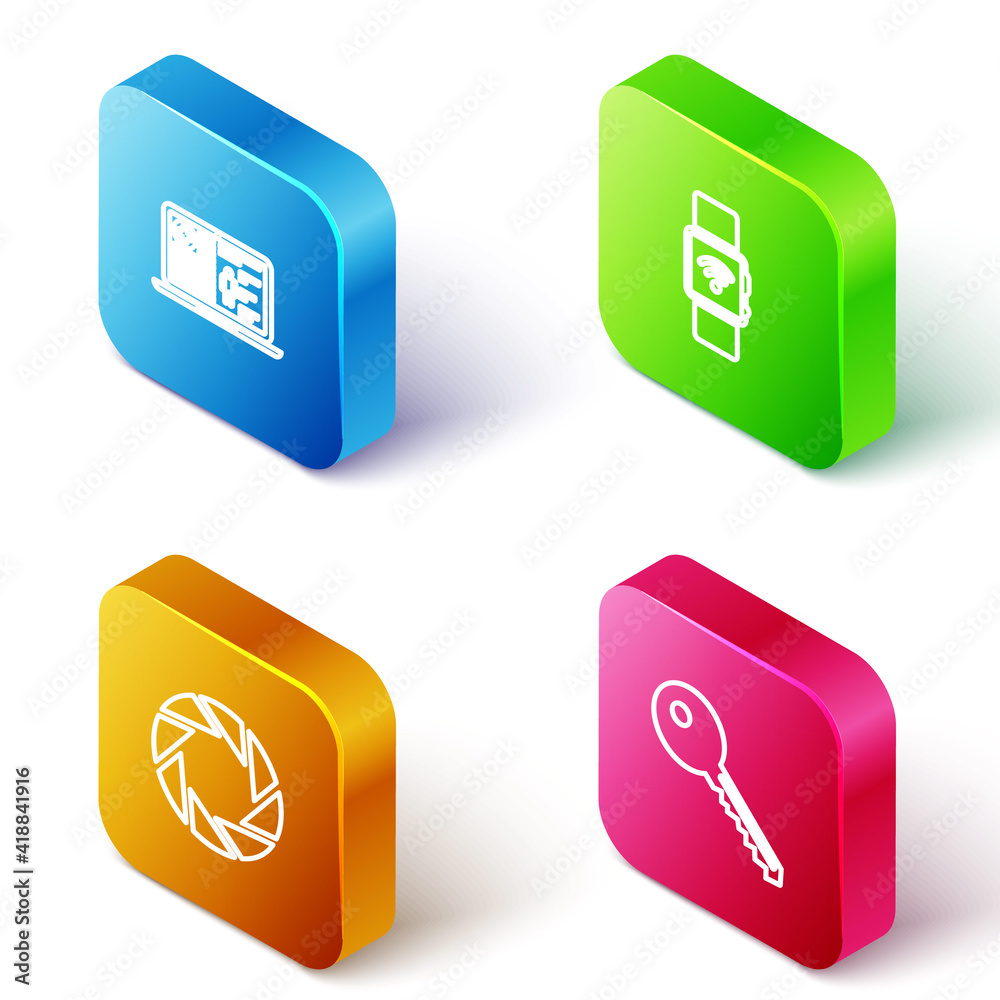 Set Isometric line Medical clinical record, Smartwatch with wireless, Camera shutter and Key icon. Vector. Set Isometric line Medical clinical record, Smartwatch with wireless, Camera shutter and Key icon. Vector.