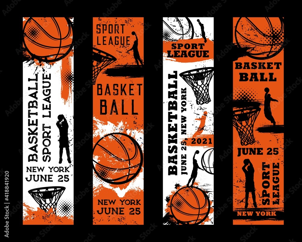 Basketball championship, streetball league tournament grungy posters.  Basketball player doing slam dunk, throwing ball in to hoop vector. Sport  ball game team competition banners with paint splatters Stock Vector |  Adobe Stock