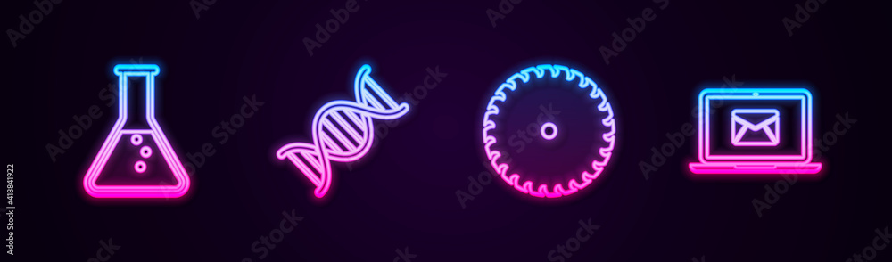 Set line Test tube and flask, DNA symbol, Circular saw blade and Laptop with envelope. Glowing neon icon. Vector. Set line Test tube and flask, DNA symbol, Circular saw blade and Laptop with envelope. Glowing neon icon. Vector.