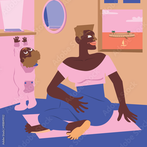 Mulher negra praticando pilates enquanto toma conta do filho