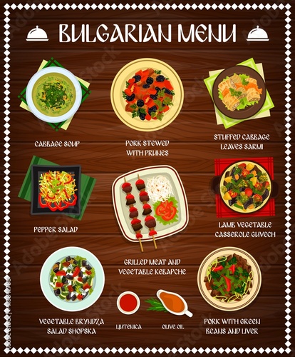 Bulgarian cuisine vector menu template cabbage soup, pork stewed with prunes, pepper salad. Grilled meat and vegetable kebapche, ljutenica, olive oil, pork with green beans and liver Bulgaria meals photo