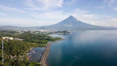 Drone shot of boulevard with Mayon Volcano photo