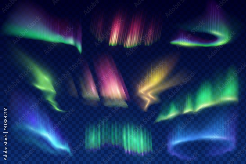 Aurora borealis polar lights set. Glowing in sky different shapes and color northern lights, aurorae natural phenomenon in atmosphere 3d realistic vector. Solar wind shine effect design elements