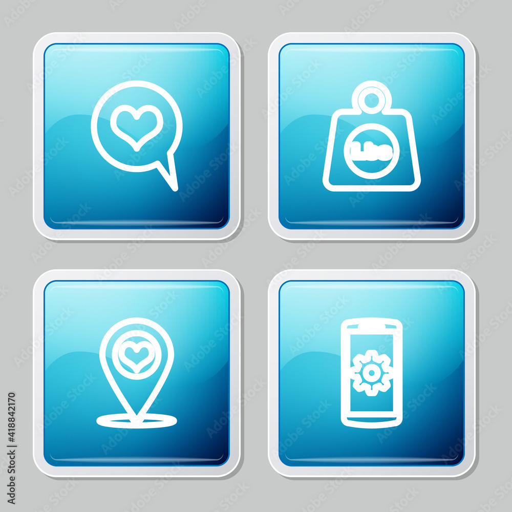 Set line Heart in speech bubble, Weight pounds, Map pointer with heart and Setting on smartphone icon. Vector. Set line Heart in speech bubble, Weight pounds, Map pointer with heart and Setting on smartphone icon. Vector.