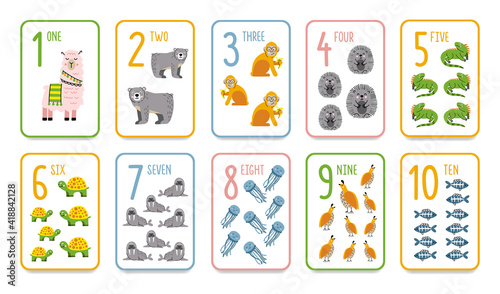 Printable numbers flashcards with animals for preschool learning. English math for kids from 1 to 10. Cartoon style vector count flash cards. photo