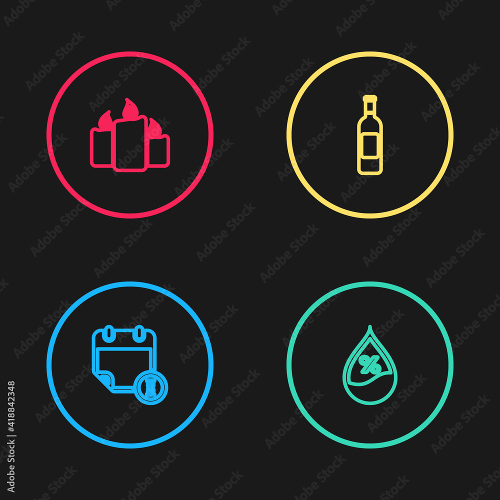Set line Calendar and clock, Water drop percentage, Bottle of wine and Burning candles icon. Vector.