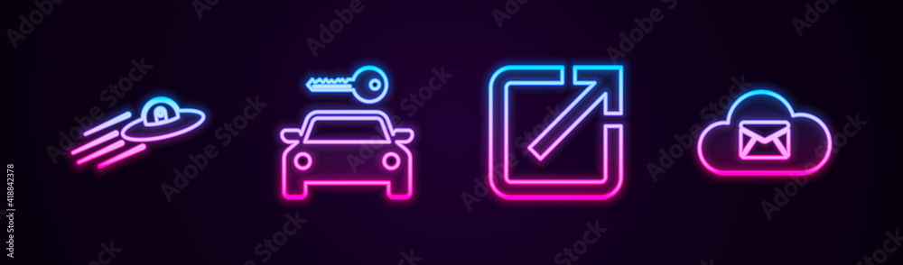 Set line UFO flying spaceship and alien, Car rental, Open new window and Cloud mail server. Glowing neon icon. Vector. Set line UFO flying spaceship and alien, Car rental, Open new window and Cloud mail server. Glowing neon icon. Vector.