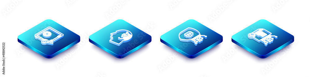 Set Isometric line Proof of stake, Brain as digital circuit board, Shield with bitcoin and Smart contract icon. Vector. Set Isometric line Proof of stake, Brain as digital circuit board, Shield with bitcoin and Smart contract icon. Vector.