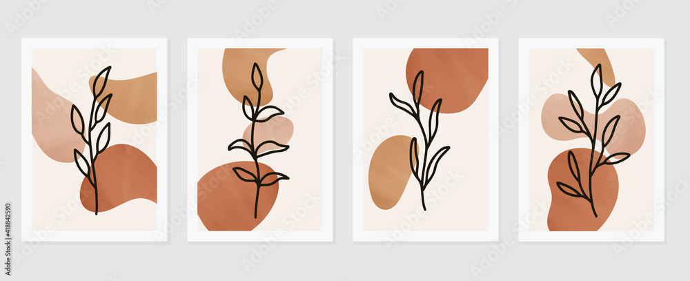 Botanical abstract art backgrounds vector. Summer square banner.  Foliage line art drawing with abstract shape. Works for wall framed prints, social media post, poster, home decor, cover, wallpaper.