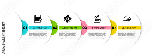 Set line Smart contract, CPU mining farm, Proof of stake and Cryptocurrency cloud. Business infographic template. Vector.