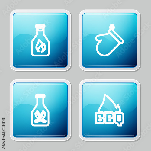 Set line Ketchup bottle  Oven glove  and Barbecue fire flame icon. Vector.