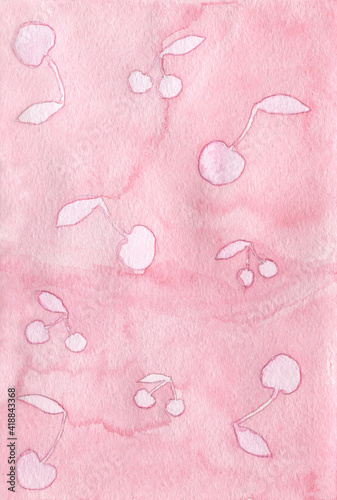 Delicate pink background with cherries. Watercolor illustration is suitable for kitchen design, wrapping paper, scotch tape, fabric, textiles, packaging, website, scrapbooking.