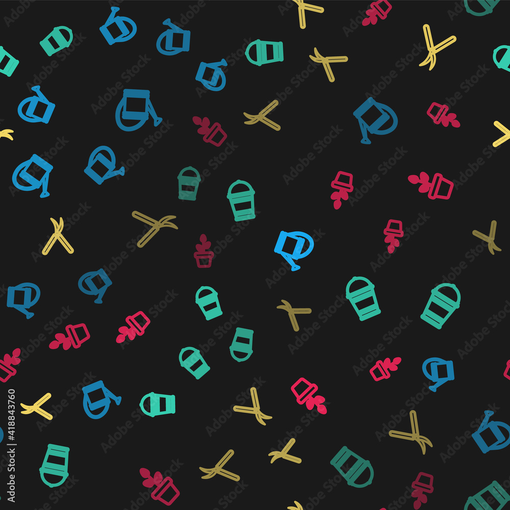 Set line Watering can, Bucket, Gardening handmade scissor and Flowers pot on seamless pattern. Vector. Set line Watering can, Bucket, Gardening handmade scissor and Flowers pot on seamless pattern. Vector.