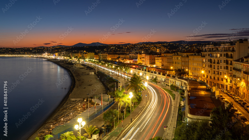 Evening aerial view of Nice from viewpoint on Castle Hill at sunset