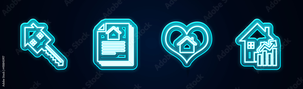 Set line House with key, contract, heart shape and Rising cost of housing. Glowing neon icon. Vector. Set line House with key, contract, heart shape and Rising cost of housing. Glowing neon icon. Vector.