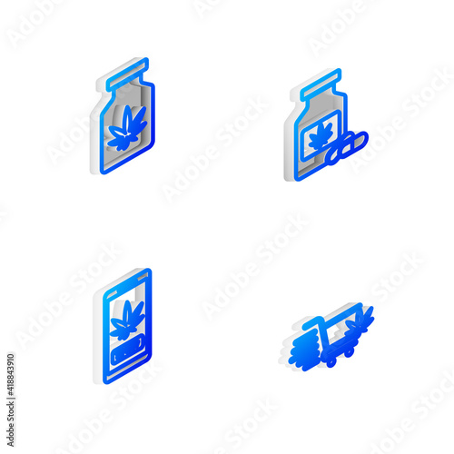 Set Isometric line Medical bottle with marijuana, , Online buying and Shopping cart icon. Vector. © vector_v
