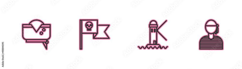 Set line Pirate hat, Lighthouse, flag with skull and Sailor captain icon. Vector. Set line Pirate hat, Lighthouse, flag with skull and Sailor captain icon. Vector.