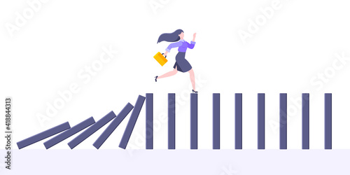 Domino effect or business cowardice metaphor vector illustration concept. Adult young businesswoman run away from falling domino line business concept problem solving and danger domino chain reaction.