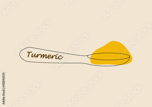 Spice turmeric. Yellow spice in a spoon. The spoon lies horizontally. Vector illustration for packaging design or recipes. Cooking food.  