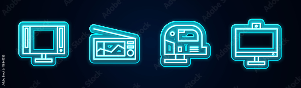 Set line Smart Tv, Radio, Electric jigsaw and Computer monitor. Glowing neon icon. Vector. Set line Smart Tv, Radio, Electric jigsaw and Computer monitor. Glowing neon icon. Vector.