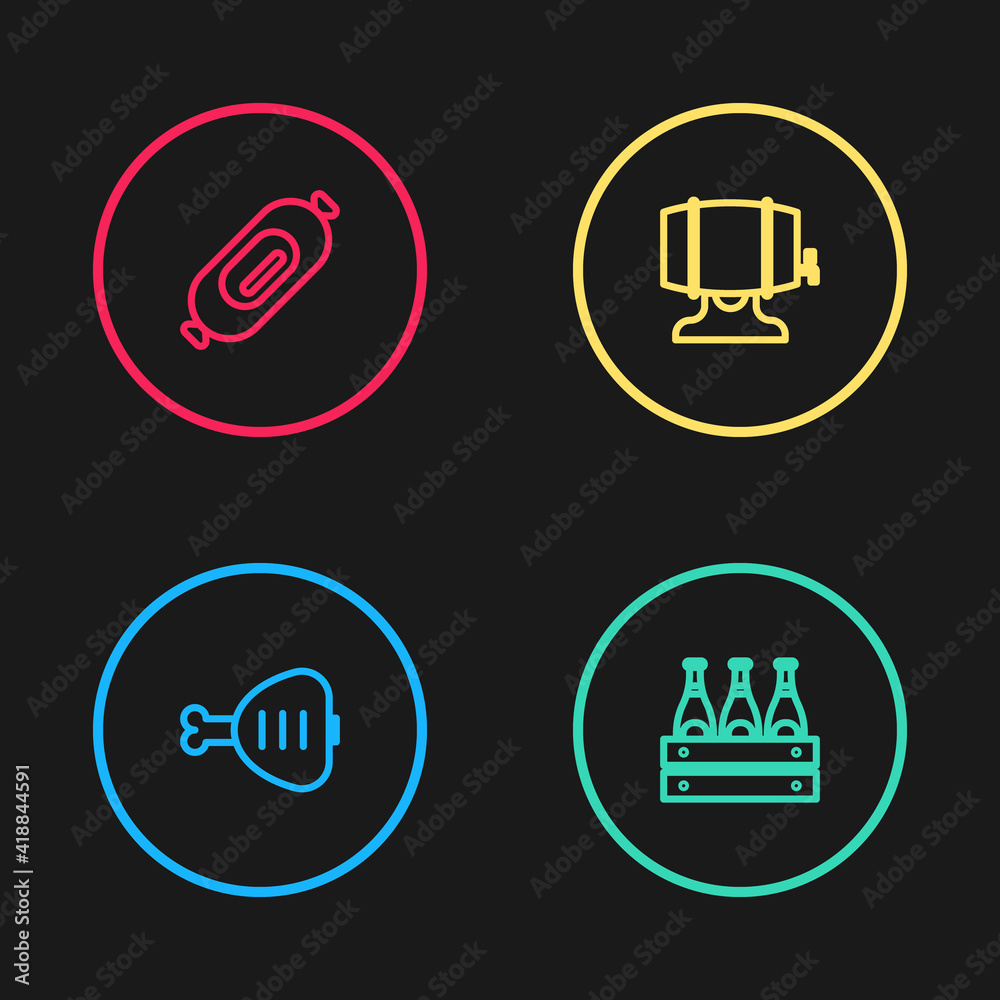 Set line Chicken leg, Pack of beer bottles, Wooden barrel on rack and Salami sausage icon. Vector. Set line Chicken leg, Pack of beer bottles, Wooden barrel on rack and Salami sausage icon. Vector.