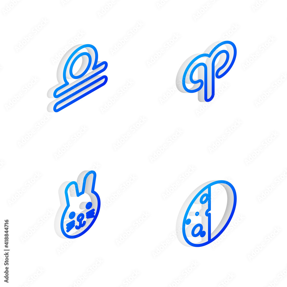 Set Isometric line Aries zodiac, Libra, Rabbit and Eclipse of the sun icon. Vector. Set Isometric line Aries zodiac, Libra, Rabbit and Eclipse of the sun icon. Vector.