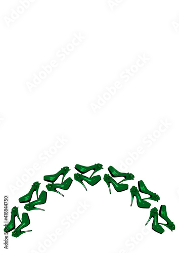 Frames on a white background A4, vertical - Dressed green shoes on the platform with a bow on a high thin heel.