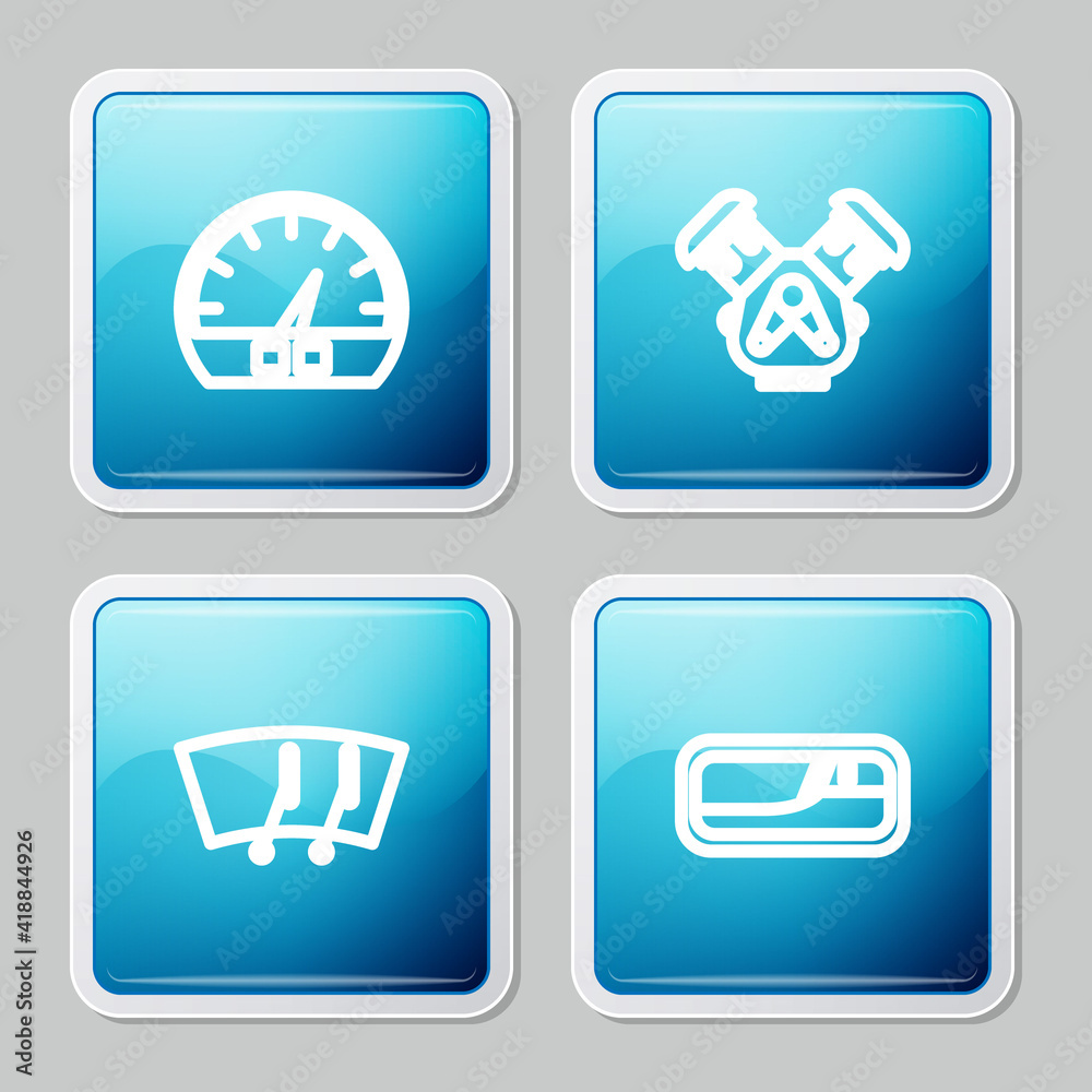 Set line Speedometer, Car engine, Windscreen wiper and door handle icon. Vector.