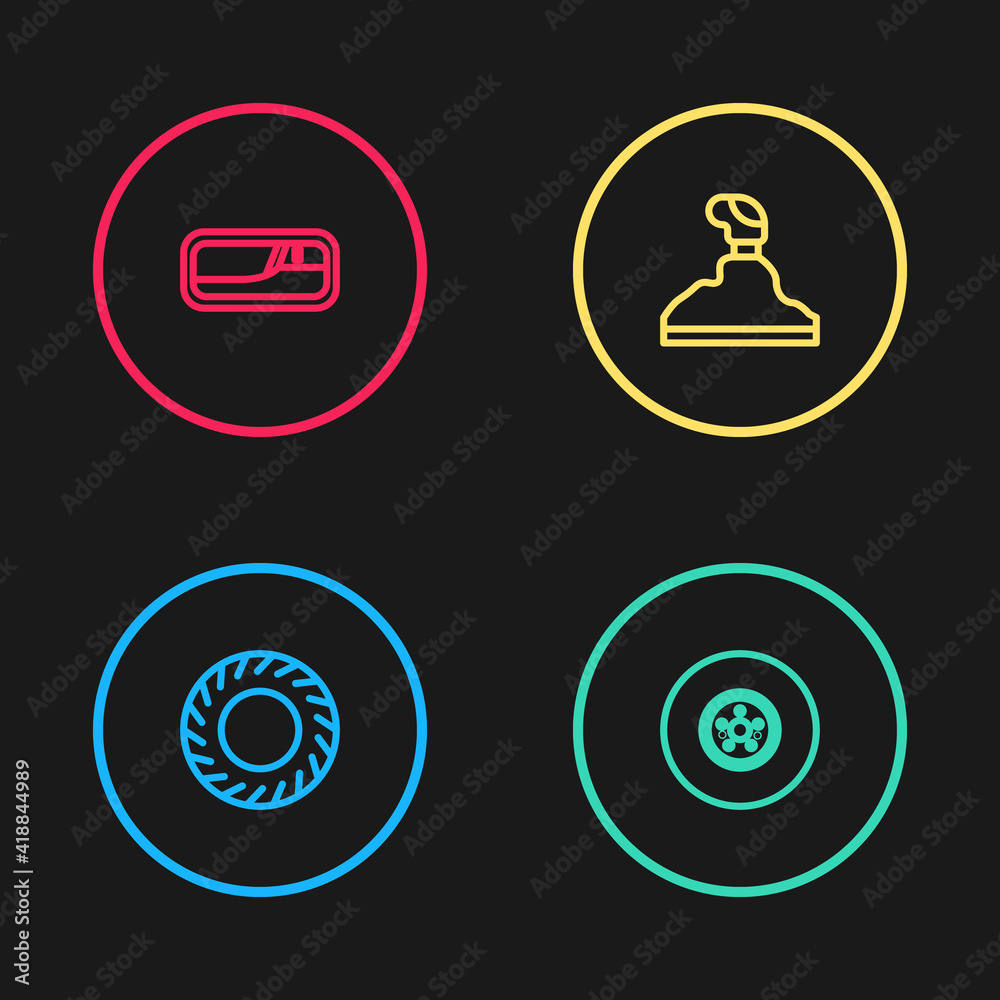 Set line Car tire, brake disk, Gear shifter and door handle icon. Vector. Set line Car tire, brake disk, Gear shifter and door handle icon. Vector.