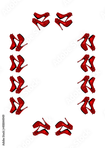 Frames on a white background A4, vertical - Dressed red shoes on the platform with a bow on a high thin heel.
